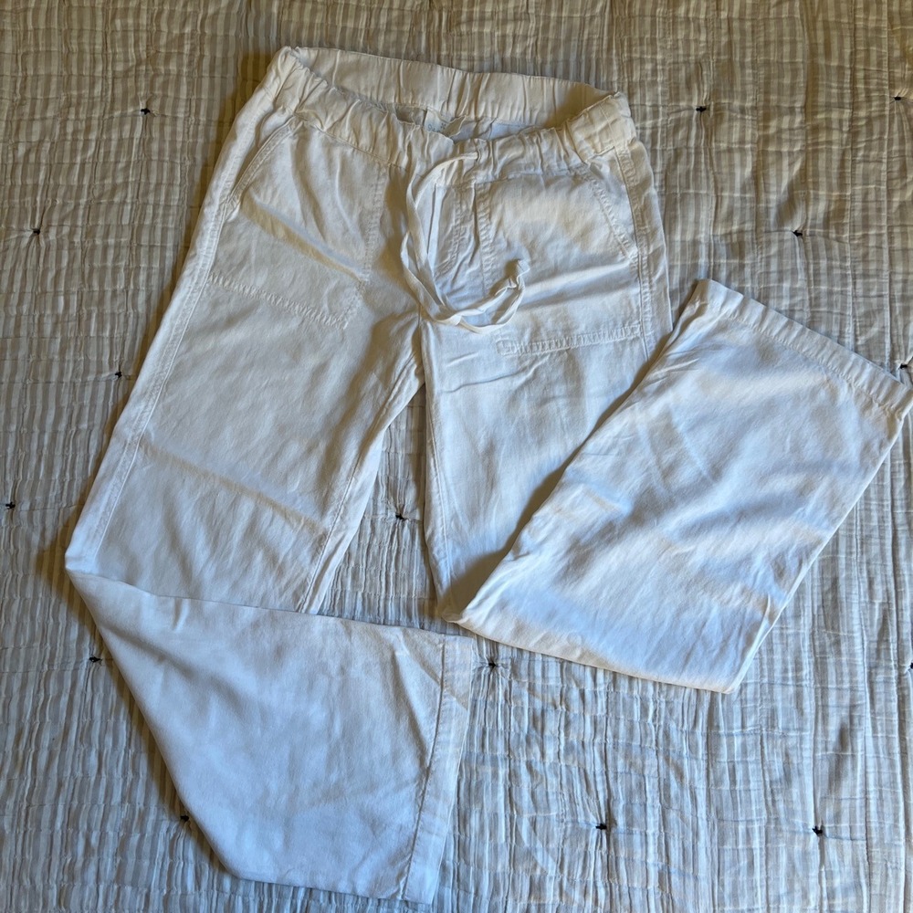 Caslon White Linen Blend Drawstring Pants Petite XS Straight Leg RN58665